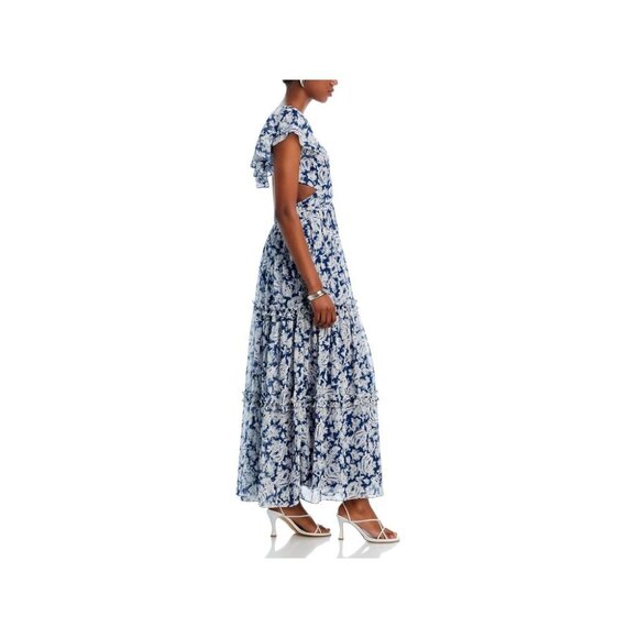 AQUA Flutter Sleeve Tiered Maxi Dress Women's Navy/White Floral Cutout Zip Up - Picture 4 of 5